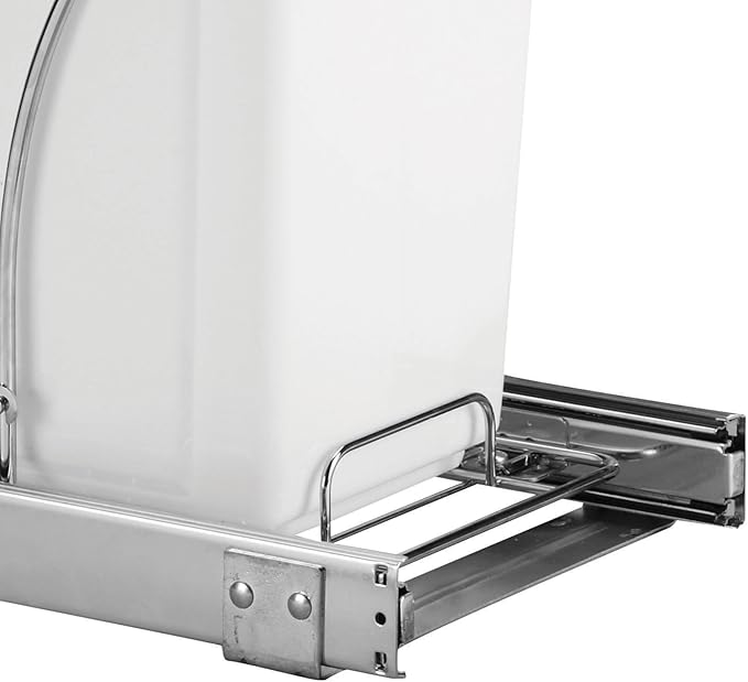 Household Essentials Glidez Chrome-Plated Steel Pull-Out/Slide-Out Discreet Single 5 Gallon Plastic Trash Can for Under Cabinet Use - Fits Standard Size Cabinet, Chrome and White
