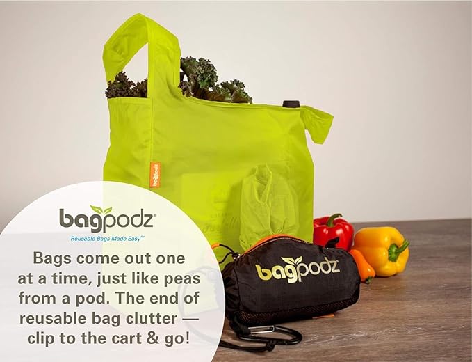 Sturdy Reusable Grocery Bags Foldable and Washable - Made From RipStop Nylon Hold 50lbs - Designed in USA Reusable Shopping Bags Inside a Compact Pod with Carry Clip - 5 Pack in Green