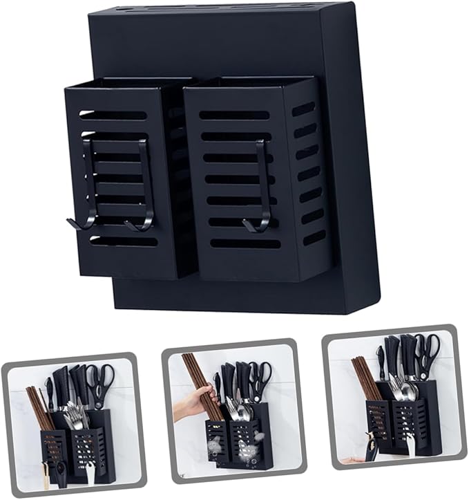 Stainless Steel Kitchen Cutlery Holder Wall Mounted Utensil Shelf with Hooks Multifunctional Storage Rack for Kitchen Utensils and Knives Black