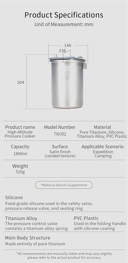 Keith Titanium Ti6302 Micro Pressure Cooker – Ultralight Multifunctional Outdoor Cooker for Rice, Soup & Meals – Based on Award-Winning Ti6300 – Pure Titanium – 900ml Inner + 1100ml Outer Pots