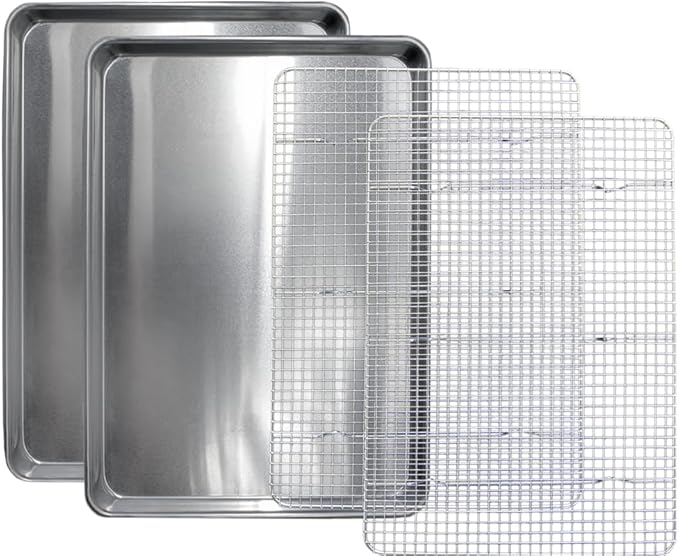 Commercial Quality 2 Pack Cookie Sheet and 2 Pack Rack - Aluminum Half Sheet Baking Pan and Stainless Steel Cooling Rack Set 13x18 Rust & Warp Resistant, Heavy Duty