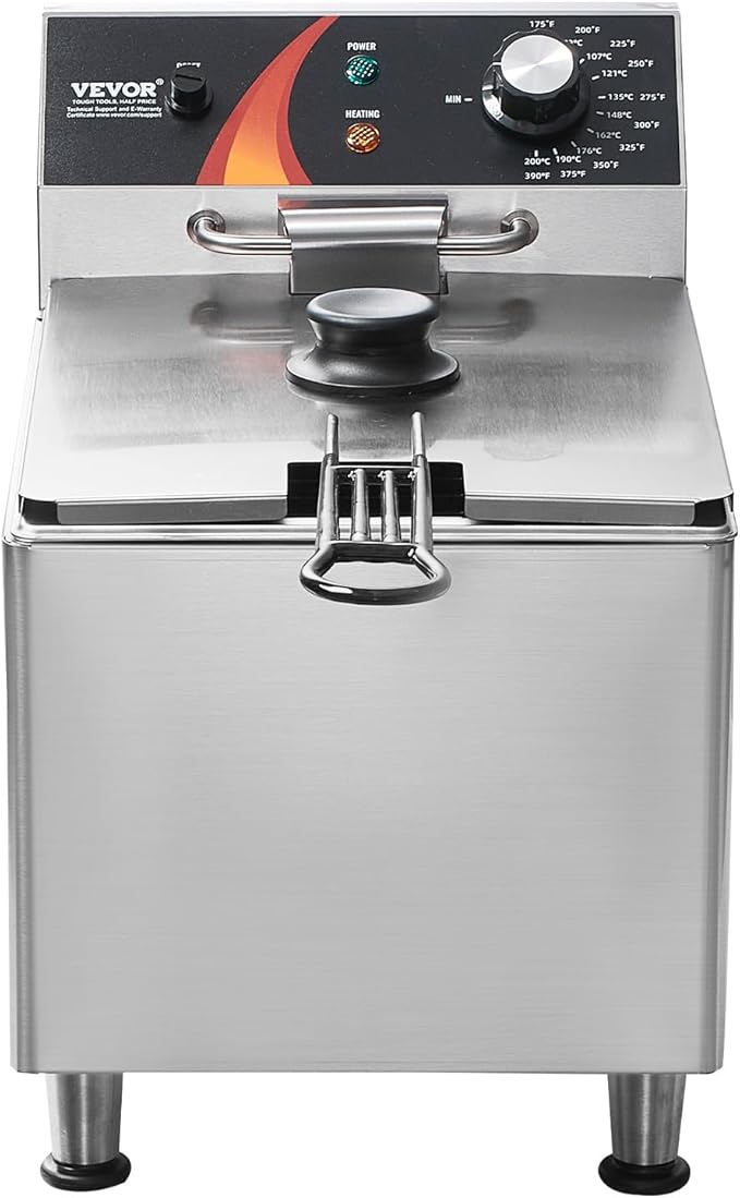 VEVOR Commercial Deep Fryer, 1750W Electric Countertop Fryer with Basket & Height-Adjustable Feet, 12Qt / 11.5L Stainless Steel Single Oil Fryer, Temp Control, Overheat Protection, for Restaurant Use