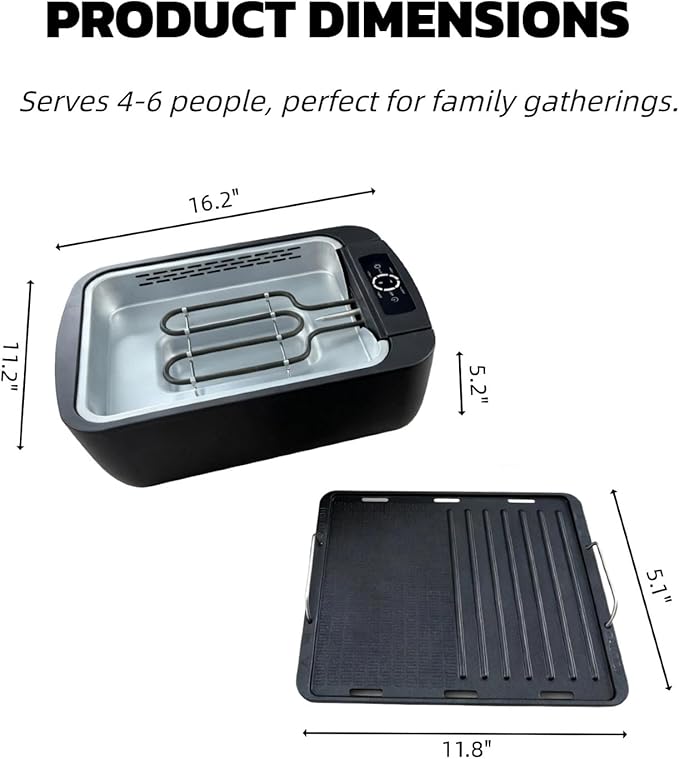 Indoor Smokeless Grill & Griddle, 1100W Electric Gill for BBQ, Smoke Extraction Device, 6-Speed Temperature Control, Non-Stick Grill Plate with Oil Drain Holes, Dishwasher Safe, 5-Serving