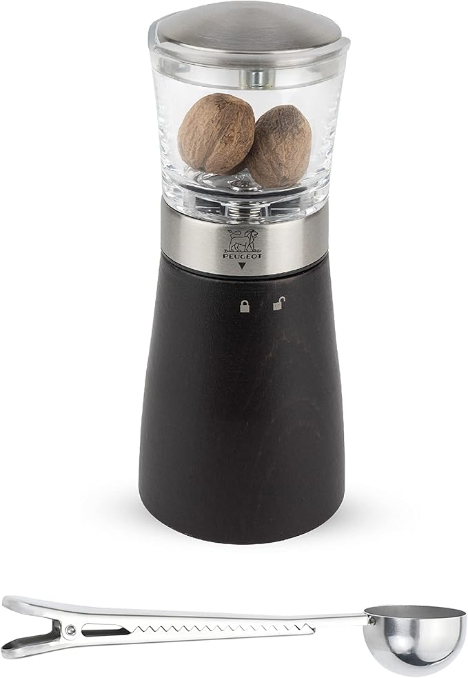 Peugeot - Madras Manual Nutmeg Mill - Spice Grinder - Stainless Steel Gift Set - With Stainless Steel Spice Scoop & Clip (Black Beachwood)