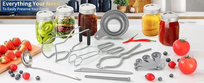 Canning Supplies Starter Kit,Canning Kit for Beginners of 9 with Jar Lifter,Wide Mouth Funnel,Wrench,Tongs,Lid Lifter,Bubble Popper,Canning Labels,ladle,Measuring Spoon-Gray