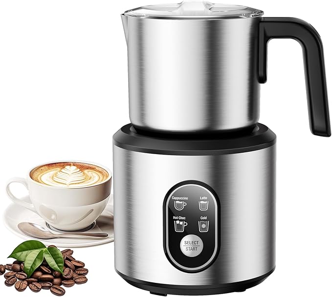 Milk Frother and Steamer, Electric Frother with Detachable Stainless Steel Jug, Hot & Cold Foam Maker for Latte, Cappuccino, Coffee, 4-in-1 Automatic Milk Warmer, 12oz Heat