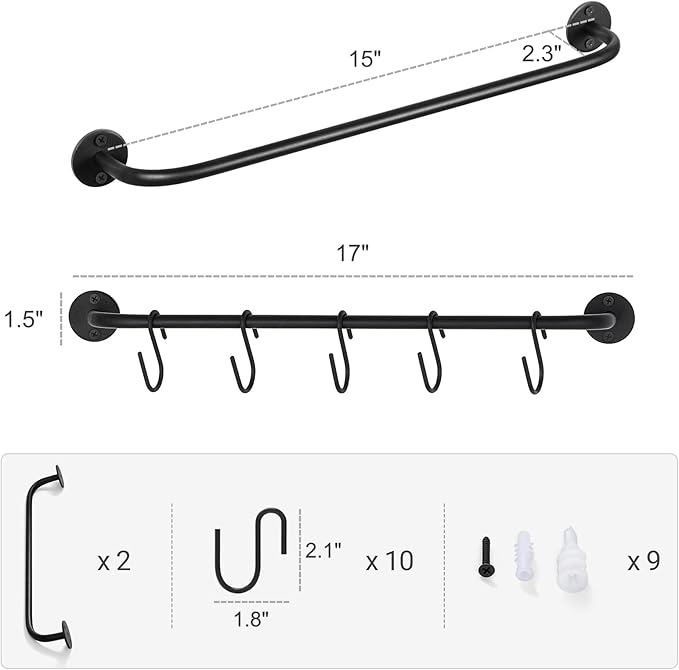 Mkono Mug Holder Wall Mounted Coffee Cup Rack Hanger Modern Metal Wall Rack with 15 Mug Hooks Rustic Utensil Tea Cups Storage Organizer for Kitchen Dining Room Coffee Bar, Set of 3, Black