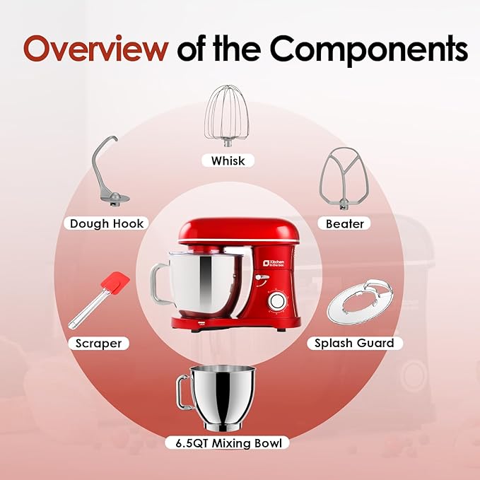 Kitchen in the box Stand Mixer - 6.5 Quart Mixing Bowl with Handle, 900 Watt Heavy Bread Dough Standing Mixers Tilt-head with Dough Hook, Whisk, Flat Beater and Splash Guard (Red)