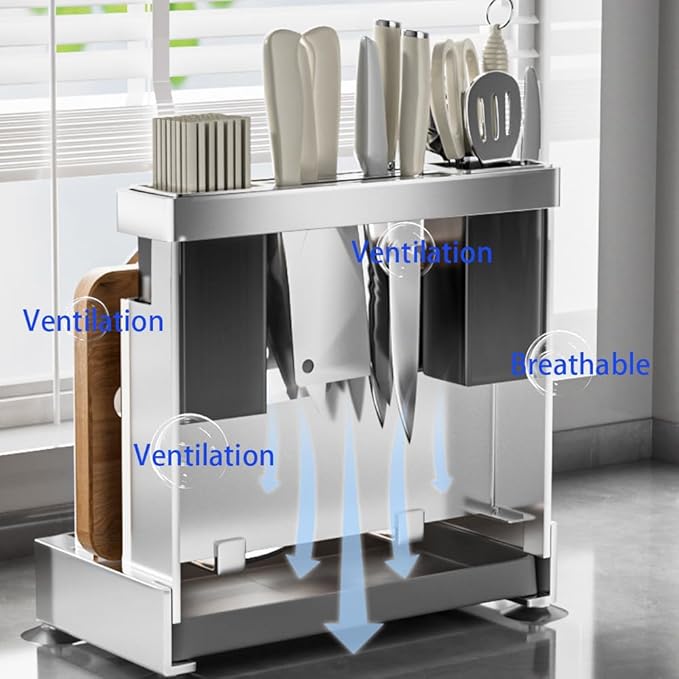 Multifunctional Cutting Board, Knife Drying Rack Kitchen Countertop Pot Lids Organizer, Knife Block Holder with Drain Tray Utensil Holders Bakeware Cookware Chopping Board Storage Stand