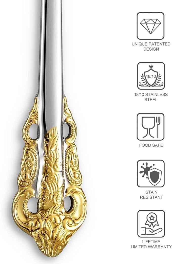 KEAWELL Luxury 45 Pieces 18/10 Stainless Steel Flatware set, Service for 8, silver plated with gold accents, Fine Silverware set and Dishwasher Safe