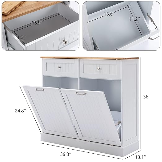 Gitua Double Tilt Out Trash Cabinet 20 Gallon, Freestanding Wooden Kitchen Trash Recycling Cabinet with Drawer & Removable Cutting Board, Dog Proof Trash Can Cabinet, White