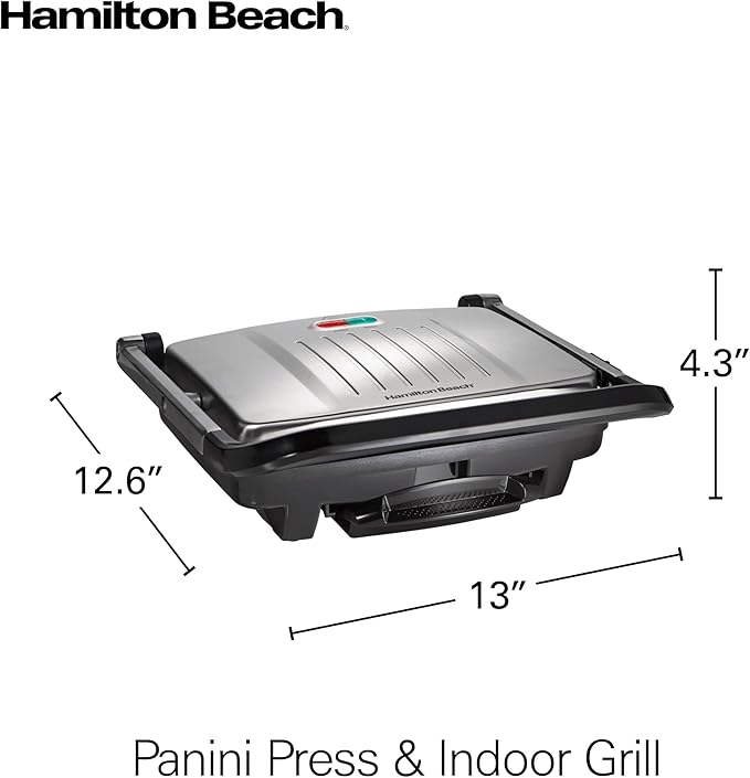 Hamilton Beach Panini Press, Sandwich Maker & Electric Indoor Grill, Upright Storage, PFAS-Free Nonstick Easy Clean Grids, Stainless Steel (25410)