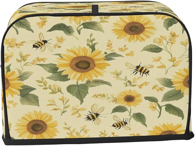 4 Slice Toaster Cover,Sunflower Bee On Retro Small Kitchen Appliance Bread Machine Cover with Pockets,Dust & Fingerprint Protection