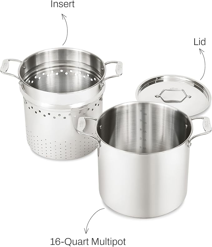All-Clad Simply Strain Stainless Steel Stockpot, Multipot With Insert & Lid, 16 Quart Induction Oven Broiler Safe 600F, Strainer, Pasta Strainer with Handle, Steamer Pot, Pots and Pans, Silver