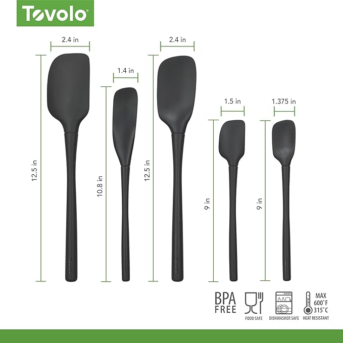 Tovolo Flex Core 5 Piece Silicone Spatula Set Heat Resistant All Silicone Utensils Include Non Stick Spatula Spoonula Jar Scraper, Dishwasher Safe BPA Free Spatulas for Baking Mixing, Black