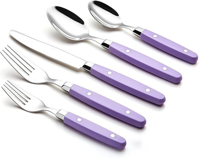 ANNOVA Silverware Set, Retro/Rivet Colorful Stainless Steel Tableware Kitchen Flatware Set Utensils, Includes Dinner Knives, Forks, Spoons, Salad Forks & Dessert Spoons (Lilac, 20 Pieces)