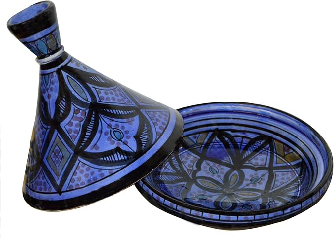 Moroccan Handmade Serving Tagine Ceramic With Vivid colors Original 8 inches Across White & Blue
