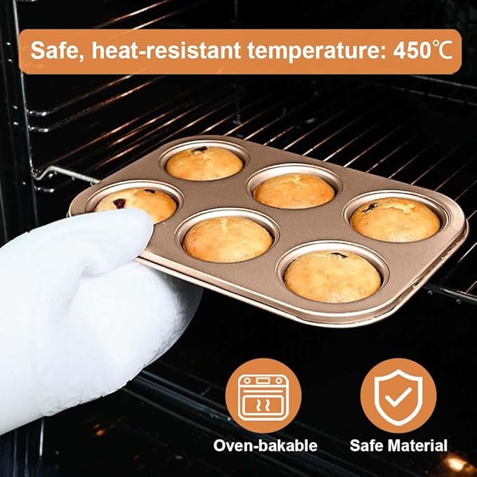 2 Packs Premium Steel Muffin Pan for Baking, Round Muffin Baking Pan, Baking Tray for Muffins, Cupcakes, Brownie(Gold, 6 Cup)