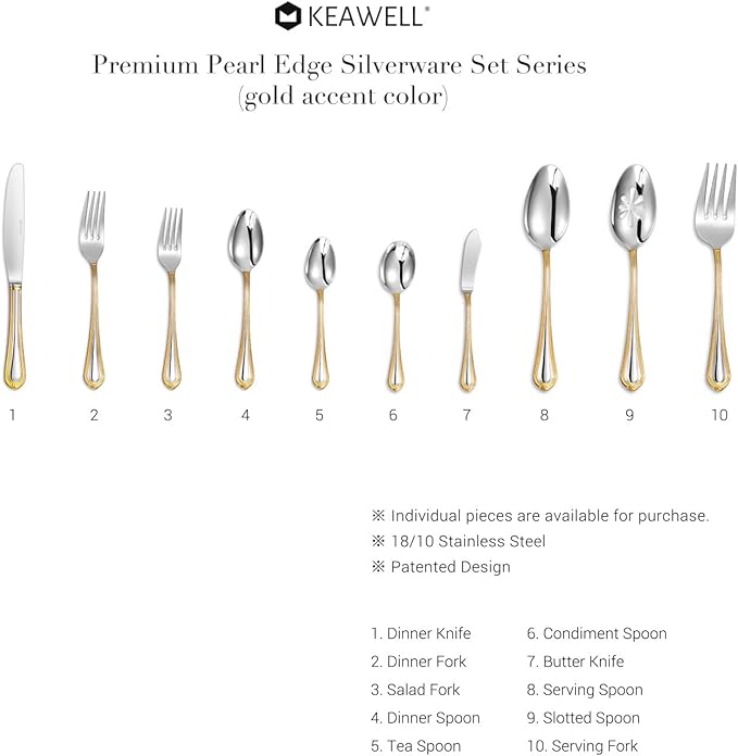 KEAWELL Pearl Edge 4-Piece Premium Spoon Set, 18/10 Stainless Steel, Fine Silverware Spoons with Refined Bead Design, Brightly Polished, Dishwasher Safe (Gold Accent, 6.4" Teaspoons)