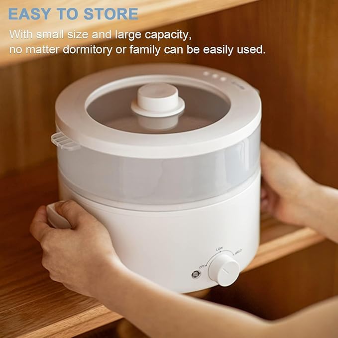 Electric Steamer for Cooking, 2L Ceramic Glaze Non-stick Pot, Dual Power Multi-functional Electric Cooker, Suitable for Steak, Pasta, Hot Pot, Ramen, Quick Heating and Overheat