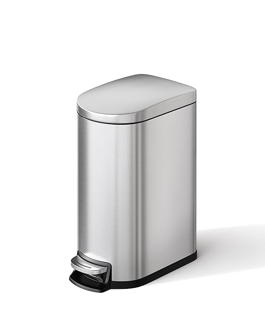2.6 Gallon Bathroom Trash Can with Lid, Slim Step Pedal Garbage Bin, Stainless Steel Wastebasket with Soft-Close Lid, Removable Inner Bucket & Rear Handle for Bathroom, Office & Small Spaces-Silver