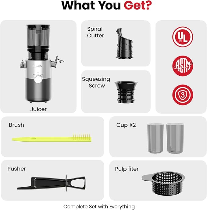 LAUDLIFE Cold Press Juicer Machines, 5.4" Wide Chute Slow Masticating Juicer, 35db Quiet Operation, Easy to Clean, Kale/Spinach Friendly, BPA Free, Juicer Extractor for Whole Fruits & Vegetables
