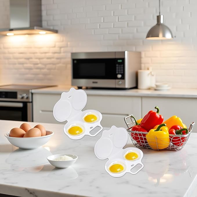 2 Pcs White Egg Poacher, Microwave Egg Boiler Poacher, 2 Cavity Nonstick Poached Egg Maker With Lid, Egg Poacher Microwave Egg Cooker, Double Drain Poached Egg Cups Cookware,Kitchen and Dining