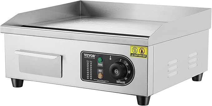 VEVOR Commercial Electric Griddle, 1700W Countertop Flat Top Grill, 18in Stainless Steel Griddle Grill with 2 Shovels and 2 Brushes for Home or Restaurant, 122℉-572 ℉ Adjustable Temp