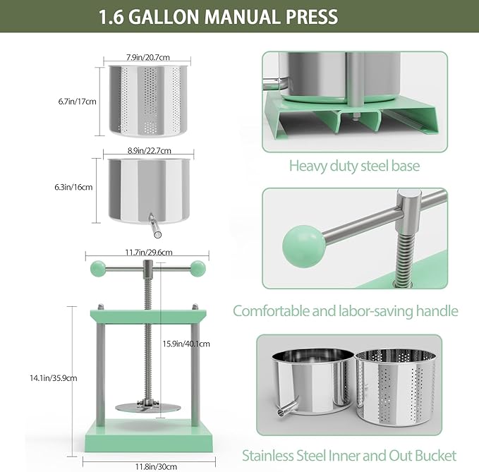 EJWOX 1.6 Gallon Manual Press - Professional Stainless Steel Fruit & Vegetable Juicer with Filter Bag - Large 6L Capacity Honey Extractor & Cheese Squeezer - Heavy Duty Hand Press for Plant Infusions