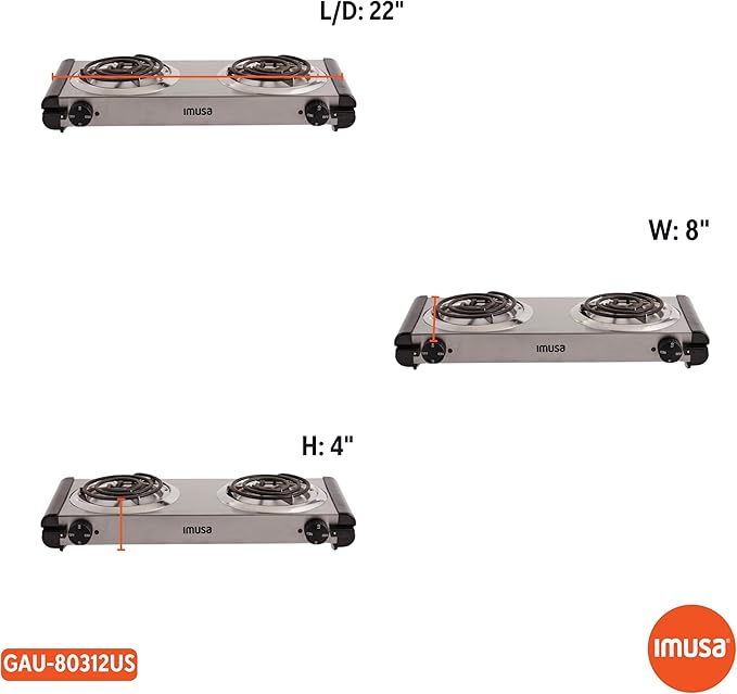 Imusa USA GAU-80312US Electric Double Burner 1750-Watts, Stainless Steel, Silver