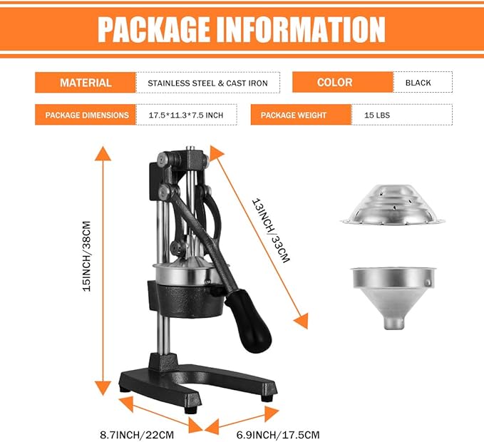 Commercial Heavy Duty Cast Iron Hand Press Manual Orange Citrus Lemon Lime Grapefruit Pomegranate Fruit Juice Squeezer Machine with Stainless Steel Cup Black