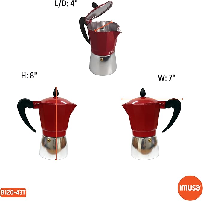 Imusa USA Red Aluminum Stovetop 6-cup Classic Italian and Cuban Espresso Maker (B120-43T), Silver/Red