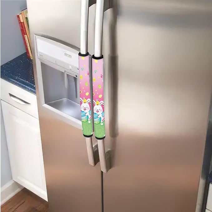 Fridge Door Handle Covers Set of 6 Kitchen Appliance Decor Handles Glove Anti-Slip Protectors Easter Refrigerator Decor Accessories, White Bunny Daisy Easter Eggs Print Pink