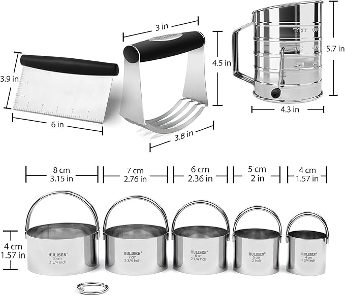 HULISEN Pastry Cutter, Dough Blender, 3 Cup Flour Sifter and Biscuit Cutter, Stainless Steel Dough Cutter, Professional Baking Dough Tools for Cooking Cookies and Donuts(4 Pcs/Set)