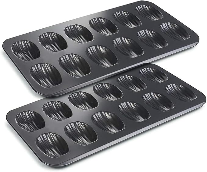 Madeleine Pans for Baking (2-Pack) 12 cup Madlen Mold Makes Shell Shape Cake Cookies Nonstick Carbon Steel Madeline Tray for Oven Black