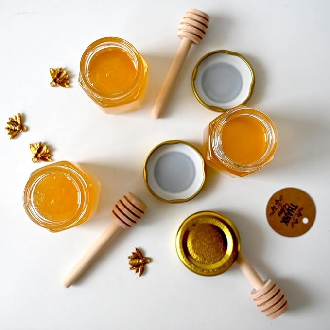 Adabocute Mini Honey Jars - Hexagon Little Glass Honey Jar with Gold Lids, Wooden Dippers, Bee Charms and Jutes - Small Honey Jars for Baby Showers, 20Pack