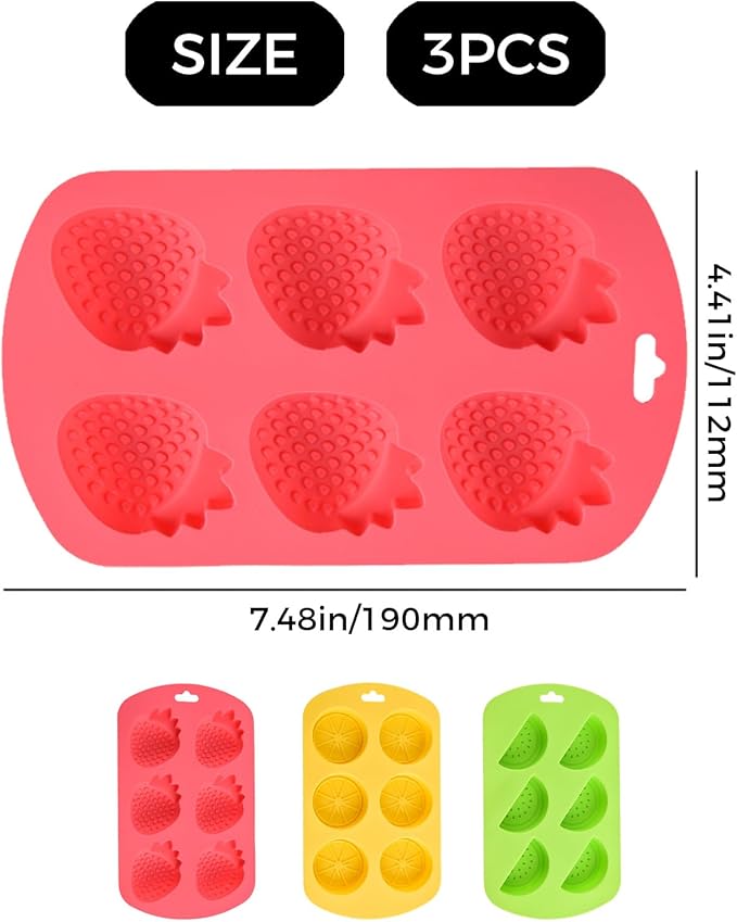 3 Pack 3D Watermelon/Lemon/Strawberry Silicone Mold, Fruit Snack Molds for Candy Chocolate Gummy Making, Non-Stick Baking Mold for Jelly Soap Ice Cube Fondant