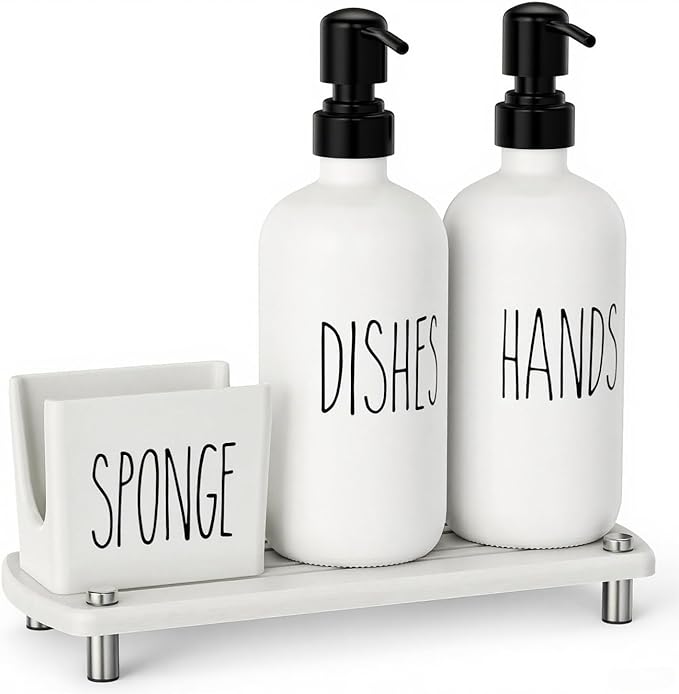 Cisily Kitchen Soap Dispenser Set Comes with Ceramics Sponge Holder, Gold Pumps, and Instant Dry Tray, Hand and Dish Soap Dispenser Set (4, Black + White + Sponge Holder)