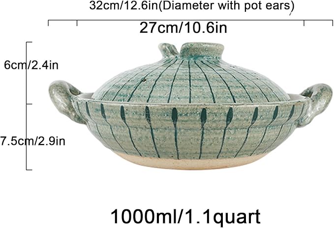 Heat Resistant Ceramic Casserole, Round Earthen Pot Cookware with Lid for Dinner and Party, Uniform Heating Stockpot for Stew, Soup, Steam, Bake(1000ml/1.1quart, Green)
