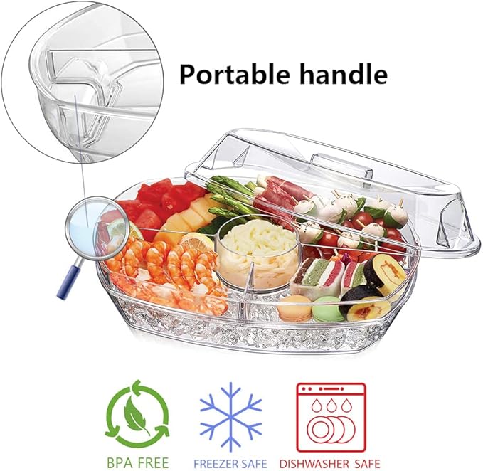 INNOVATIVE LIFE Appetizer Serving Tray on Ice, 15 Inch Party Platter with 4 Ice Cube Tray, Kitchen Chilled Food Bowl with Compartment and Lids for Shrimp, Fruits, Vegetables, Salads, Sushi, Clear