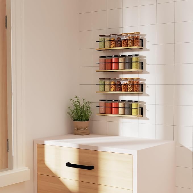 Spice Rack, Self-Adhesive or drilling, Rustic Style Hanging Spice Rack, Spice Organization for Cabinet Door or Wall Mount, Over The Stove, Kitchen Wall, 4-Pack, Wood Color