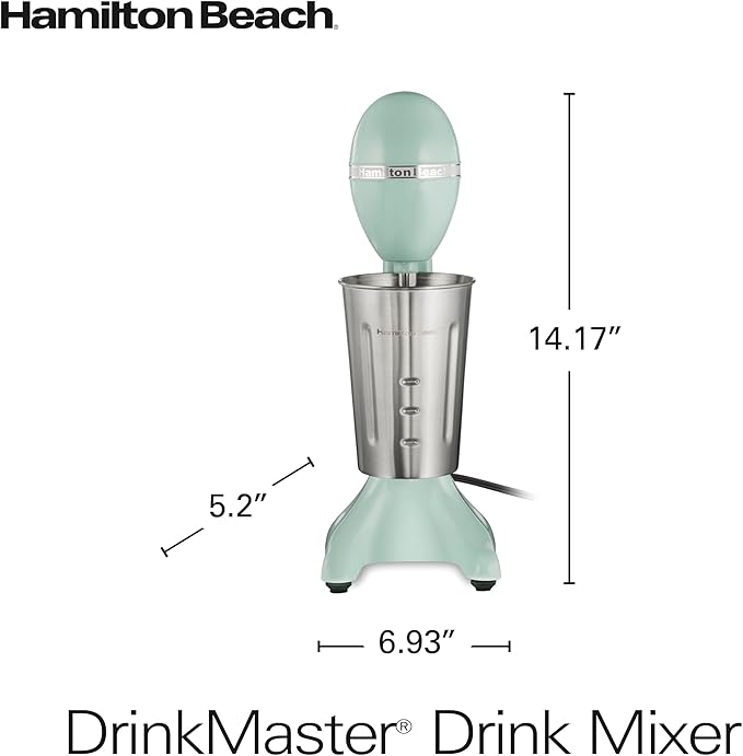 Hamilton Beach DrinkMaster Electric Drink Mixer, Retro Milkshake Maker & Milk Frother, 2 Speeds, Extra-Large 28 oz. Stainless Steel Cup, Mint