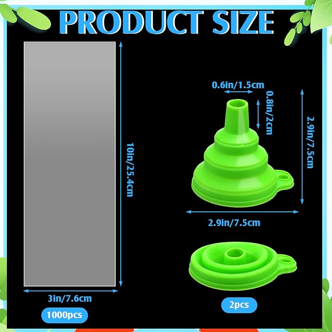 Jeyiour 1000 Pcs Ice Lolly Bags Disposable Ice Lolly Mold Bulk 3x10 Inches Plastic Candy Freeze Pop Bags with 2 Silicone Funnels Wrappers for Yogurt Sticks, Candy, Juice, Fruit Smoothies
