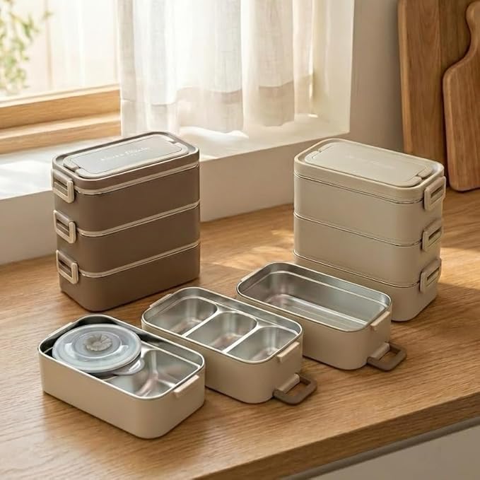 Bento Box Adult Lunch Box, Stackable 3-Layer 304 Stainless Steel for Adults, Office, 3L Capacity, Portable, Soup Bowl, Spoon & Fork, Metal Lunch Box, Tiffin (Beige)