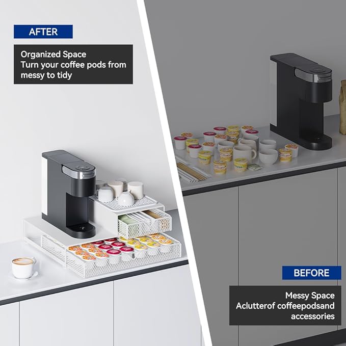 K Cup Organizer for Countertop - Solid Metal 60 Coffee Pod Holder Storage Drawer, Reinforced Steel Stand Compatible with Keurig K-Cup Pods, Anti-Vibration & No-Sag Design, No Assembly Required (White)