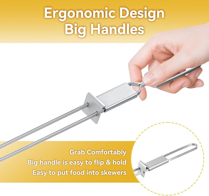 Skewers for Grilling- 17 inch (6 Pack) Double Pronged Flat Stainless Steel BBQ Skewer with Push Bar- Kabob Skewers Skewer Sticks for Camping or family - Reusable, BBQ Accessories
