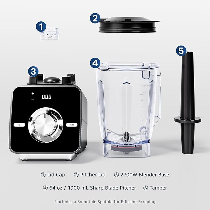 Home Blender, 2700W High-Speed Blender for Ice Crushing Power, Stainless Steel Blades, Kitchen Timer, 10 Speeds, 6 Programs for Smoothies, Frozen Drinks, Self-Cleaning, 64oz Bulk Production