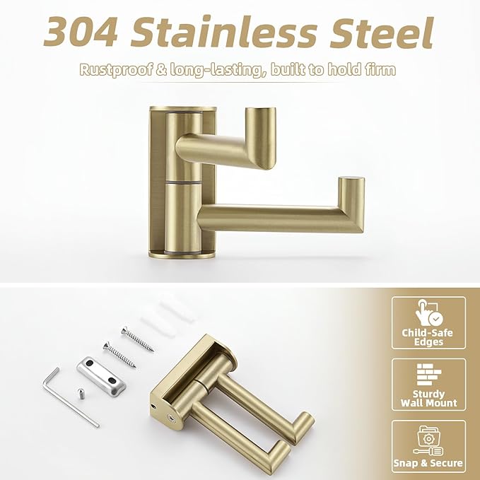 APLusee Brushed Gold Double Swivel Towel Hook, 304 Stainless Steel Foldable Towel Hanger, Space-Saving Wall Hook for Bathroom Kitchen RV