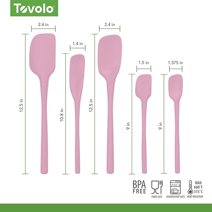 Tovolo Flex Core 5 Piece Silicone Spatula Set Heat Resistant All Silicone Utensils Include Non Stick Spatula Spoonula Jar Scraper, Dishwasher Safe BPA Free Spatulas for Baking Mixing, Pink Sorbet
