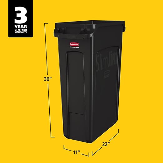 Rubbermaid Commercial Products Slim Jim Plastic Rectangular Trash/Garbage Can With Venting Channels, 23 Gal, Black, for Kitchen/Office/Workspace